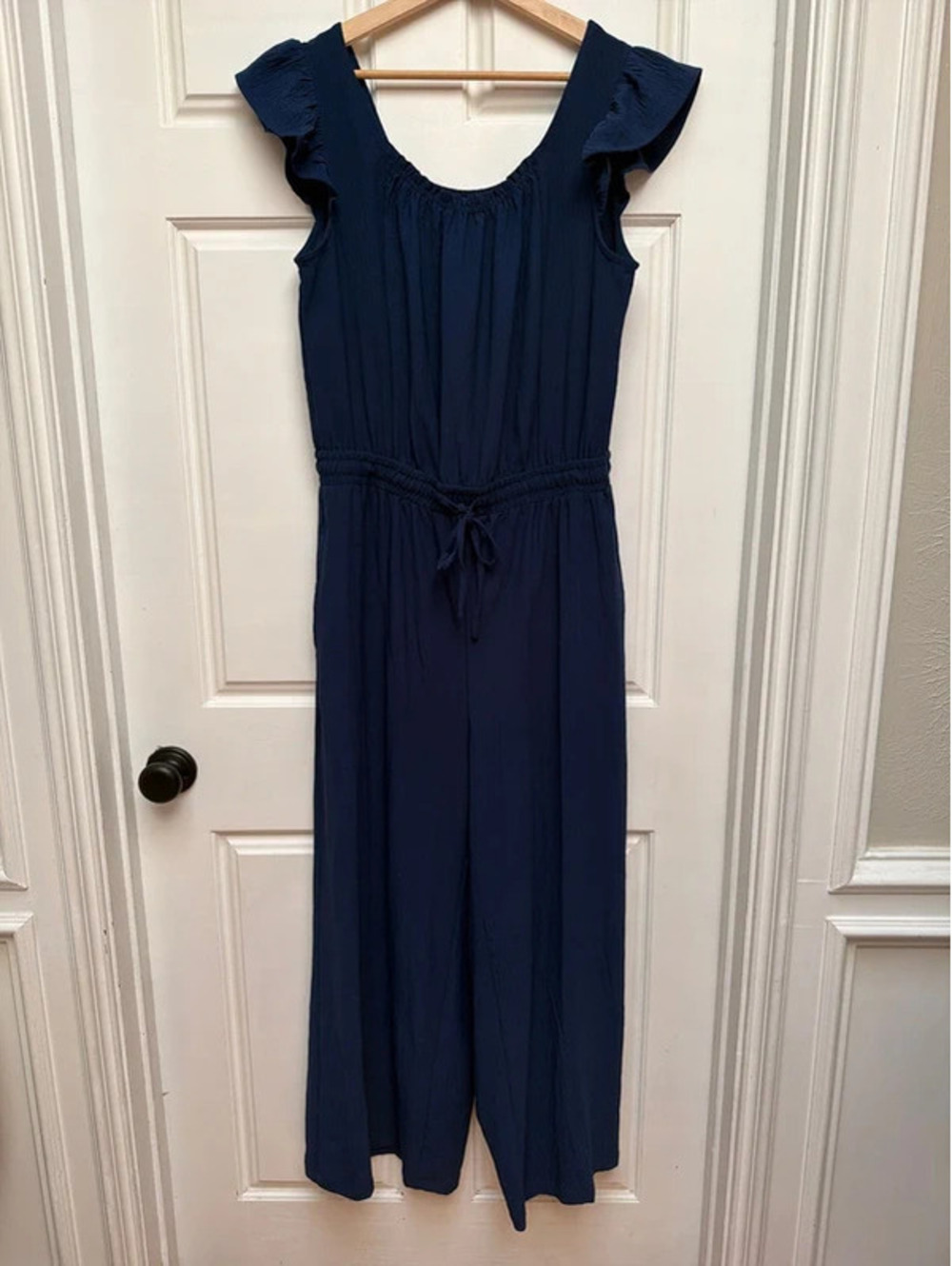 Navy Blue Ruffle Jumpsuit Pockets Large